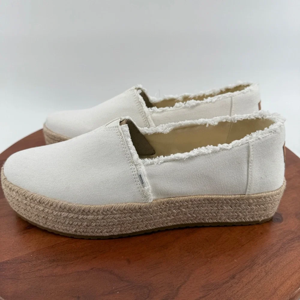 TOMS Valencia Platform Espadrille White Canvas Frayed Slip On Women Size 12